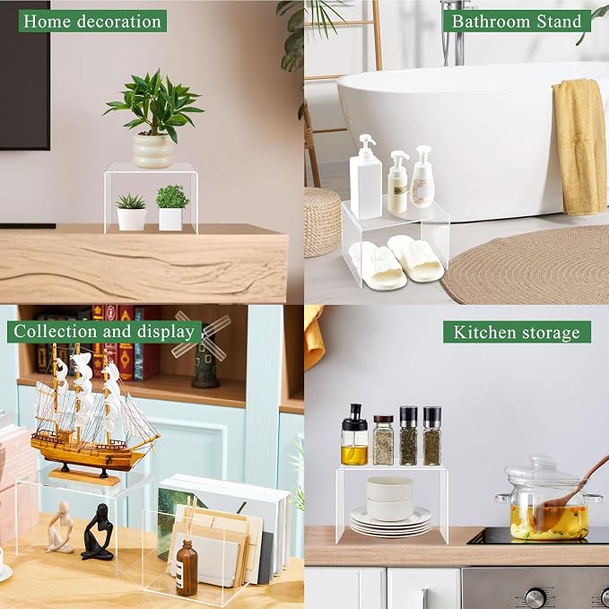 RattanView 2 Pcs 12 x 8 x 8 Inch Large Acrylic Risers Display Stands 5 mm Thick Acrylic Shelf Riser Showcase for Collectibles Jewelry Cupcakes Food Figures Perfume Cabinet(Clear) - Image 6