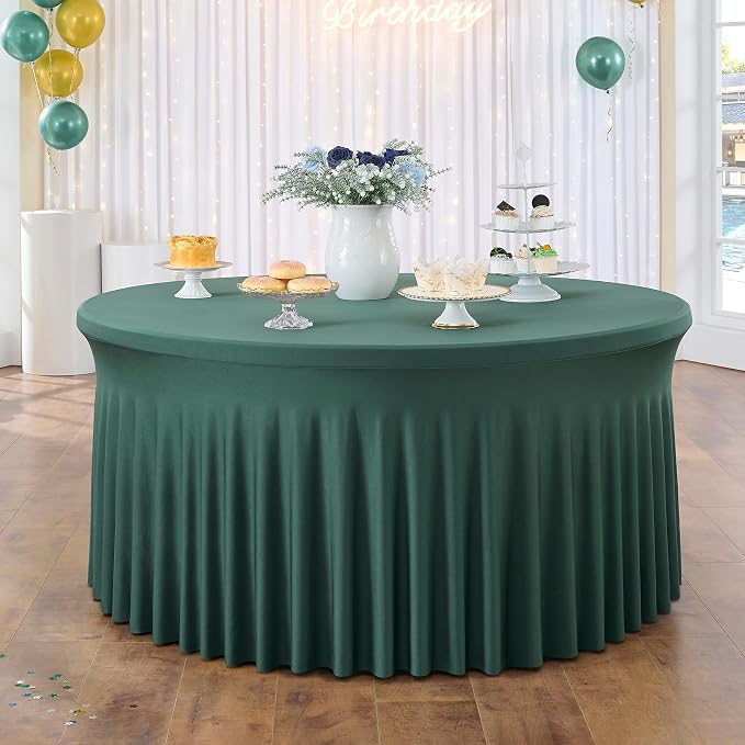 6 Pack Hunter Green Spandex Round Tablecloths for 60 Inch Tables, Stretchy 120 Inch Fitted 5FT Cloths, Wrinkle-Free Cover With Skirt for Wedding, Birthday, Party, Banquet, Graduation - Image 6