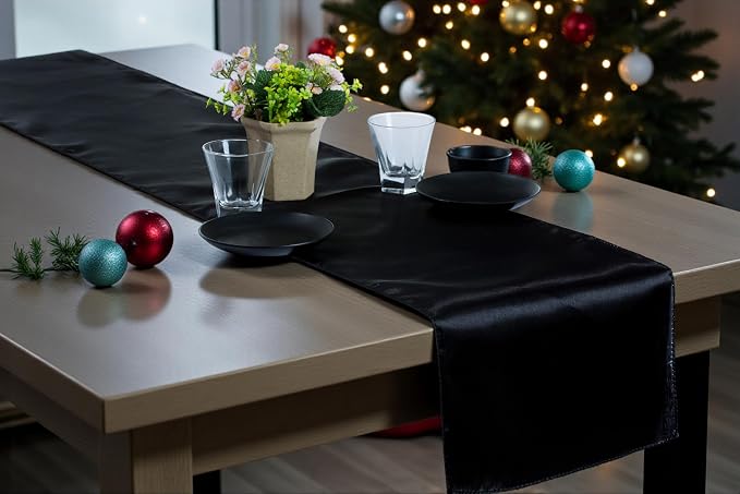 Pack of 5 Satin Table Runners 12 x 108 Inch Long Wedding Sateen Bright Silk Smooth Table Runner for Wedding Reception Birthday Graduation Party Event Banquet Dinner Decoration - Black - Image 7