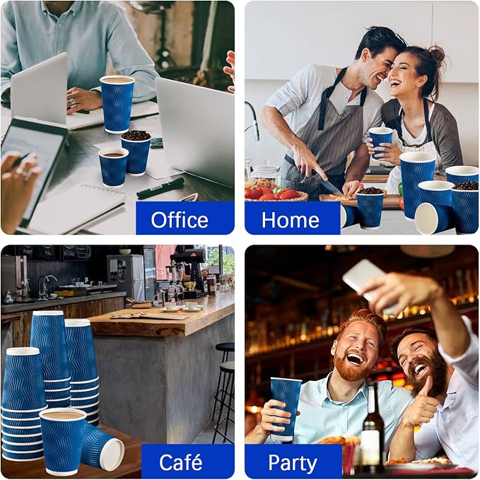 Lamosi 500 Count 12 oz Insulated Disposable Paper Coffee Cups Bulk No Lids | Corrugated Cups 12oz, Kraft Ripple Wall Design for Hot Beverage or Cold Drink Office Home Party Travel Cafe (Navy) - Image 6