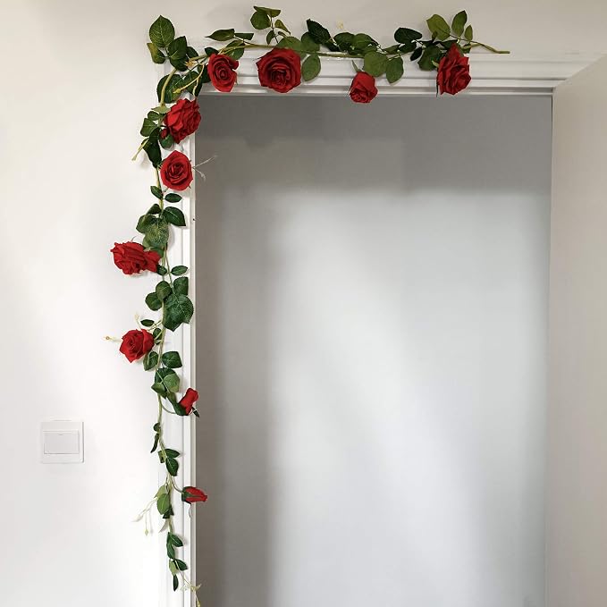 FiveSeasonStuff Classic Red Artificial Silk Roses Flower Garland, Bendable Hanging Vines (2pcs, 11ft) - Image 8