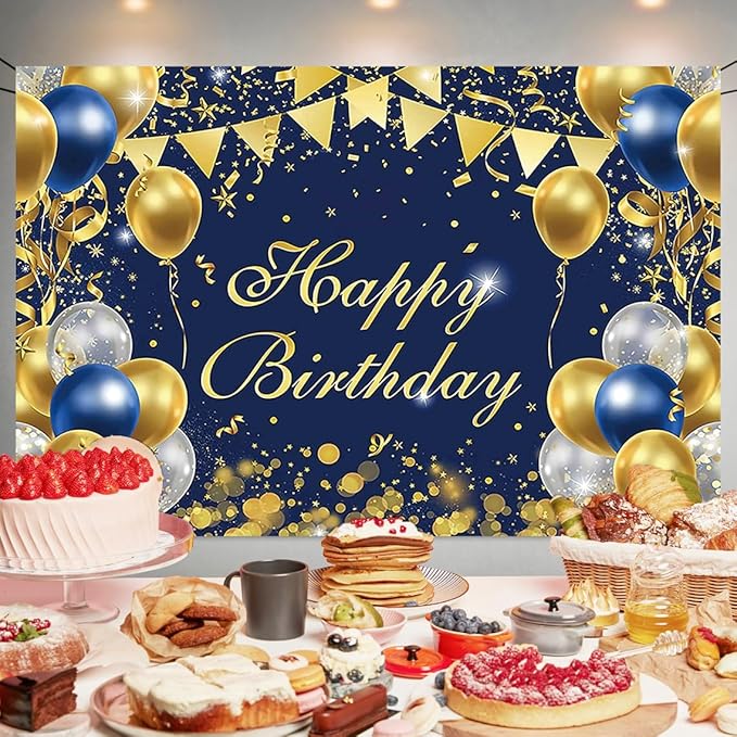 Blue Gold Birthday Party Backdrop Blue Gold Happy Birthday Banner Photography Background for Home Decorations Party Supplies 70.8 x 47.2 Inch