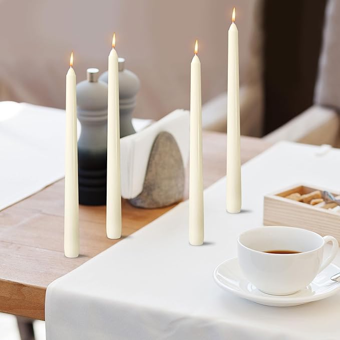 OSHINE Ivory 10 Inch Taper Candles - 24 Pack Long Taper Candles Dripless Unscented Smokeless & Emergency 7-8 Hours Long Burning Ivory Cndlesticks, Ideal for Valentine, Weddings, Party