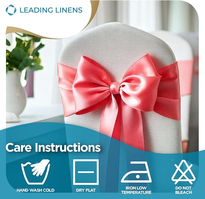 Leading Linens 1 pc Coral 108"x8" Satin Bow Sash Chair Cover Decoration | Elegant satin chair bow sashes, perfect for weddings, receptions, banquets, & parties. Reusable & washable. - Image 6