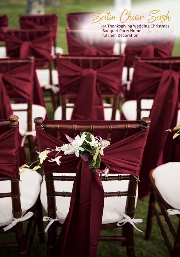 120 PCS Burgundy Satin Chair Sashes, 7 x 108 Inch | Ties Bows Designed Chairs Decorative, Chair Cover Sashes for Wedding Christmas Banquet Party Home Kitchen Decoration - Image 8
