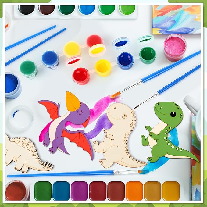 Leinuosen 28 Sets Dinosaur Party Favors Wood Painting Craft Kits with Art Supplies and Inspirational Cards Thank You for Coming Gifts for Summer Birthday Party Goodie Bag DIY Prizes