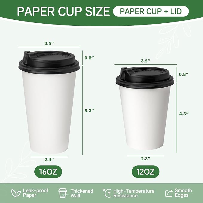 12 oz Coffee Cups with Lids 100 Pack, White Leak-Proof Disposable Coffee Cups for Hot/Cold Beverages, Party Supplies, To-Go Paper Cups for Coffee, Tea, Office, Picnic - Image 6