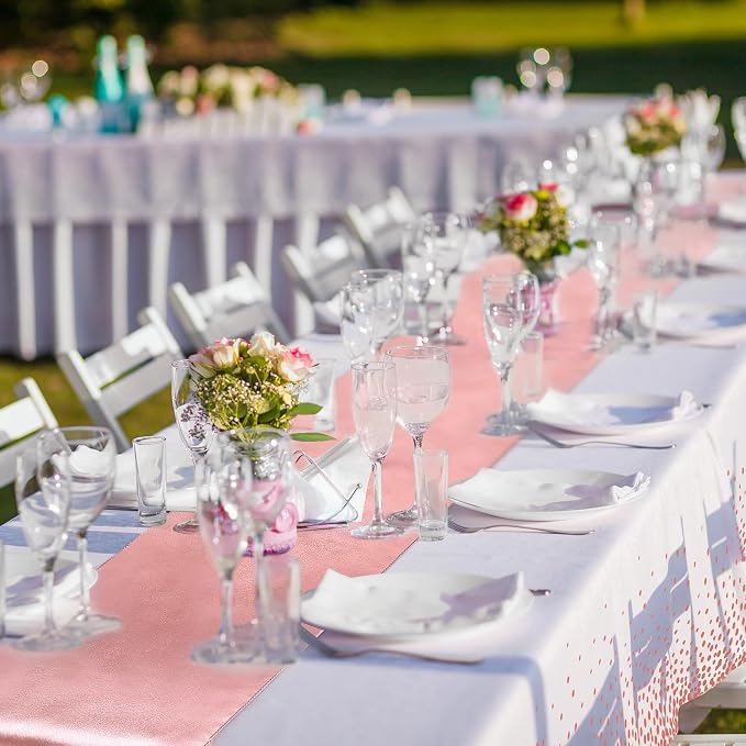 8 Pack White and Rose Gold Tablecloths and Satin Runners Set | 54x108 Inch Disposable Tablecloth and 12x108 Inch Satin Runners for Wedding Birthday Party Baby Shower Christmas New Year - Image 6