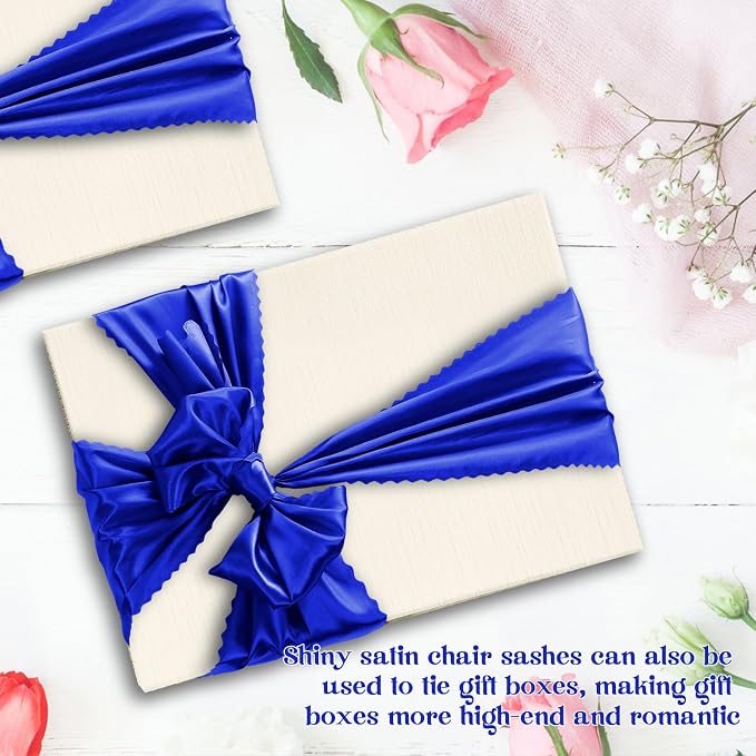 12 Pcs Royal Blue Satin Chair Sashes Bows, 7x108 inch | Silky Dining Chair Ribbon, Wedding, Party, Banquet Decor, Restaurant, Hotel Event, Chair Cover Decorations - Image 8