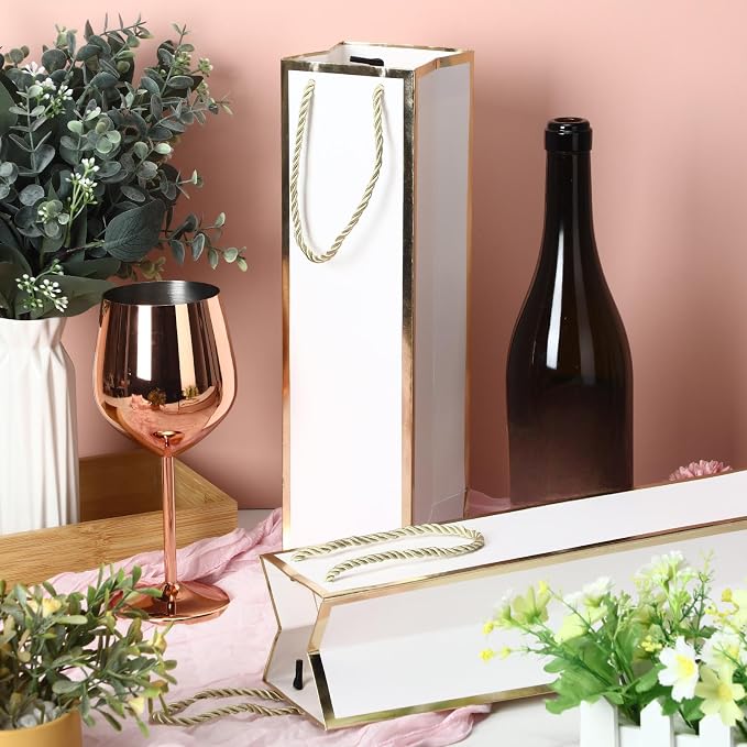 Outus 100 Pcs Wine Gift Bags,Wine Bottles Bags with Handle,13.8 x 3.8 x 3.8 Inch Christmas Liquor Champagne Paper Tote Bulk Kraft Single Bottle Tote for Birthday Wedding Bridal Shower(White and Gold) - Image 7