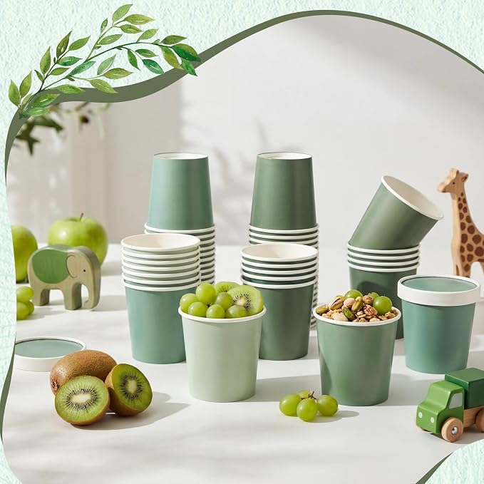 Roshtia 60 Pack Paper Ice Cream Cups, 16 oz Sage Green Disposable Gradient Solid Green Disposable Dessert Bowl Snack Cup with Lids for Hot and Cold Birthday Baby Shower Wedding Party Supplies - Image 7