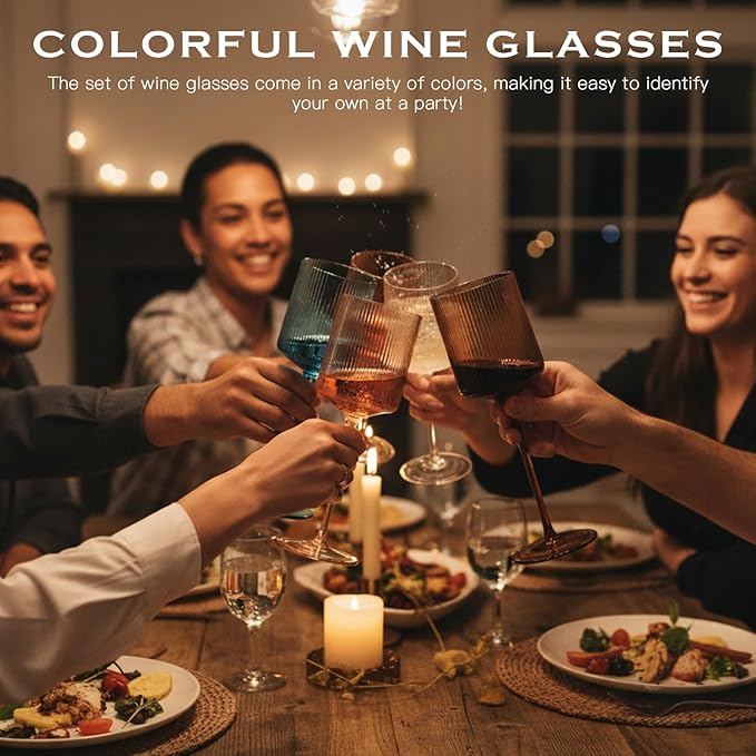 Colored Square Wine Glasses Set of 6, Elegant Ribbed Design Colorful Crystal Glassware with Long Stem, 11.5oz Hand Blown Stemware For Red & White Wine Home Bar Party- Multicolour