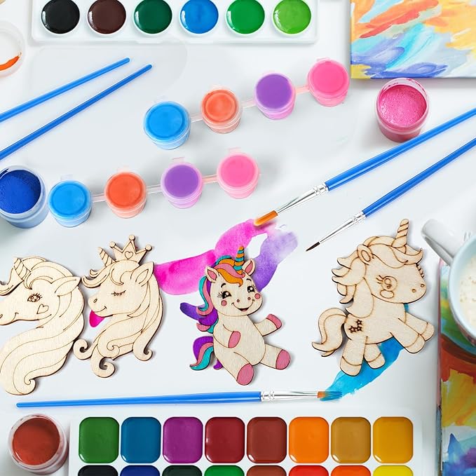 Leinuosen 28 Sets Unicorn Party Favors Wood Painting Craft Kits with Art Supplies and Inspirational Cards Thank You for Coming Gifts for Summer Birthday Party Goodie Bag DIY Prizes