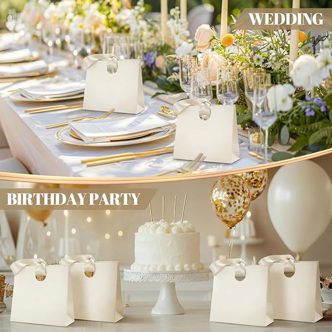 Feifeiya 30 Pcs Small Cream Gift Bags with Ribbon Handles 7.87" x 3.54" x 7.09" Bulk Paper Goodie Bags for Birthday Wedding Bridal Baby Shower Party Favors - Image 6