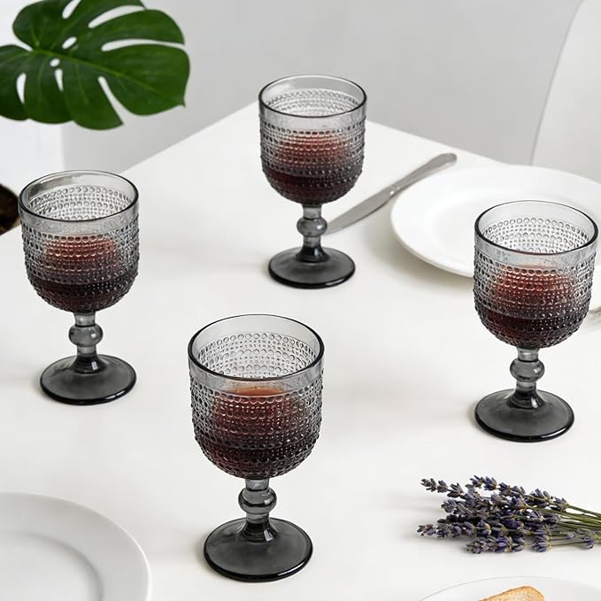 Gray Wine Glasses Set of 4, 12oz Vintage Goblet Glasses, Embossed Glass Cups Hobnail Glassware for Weddings, Dinners, and Holiday Gifting