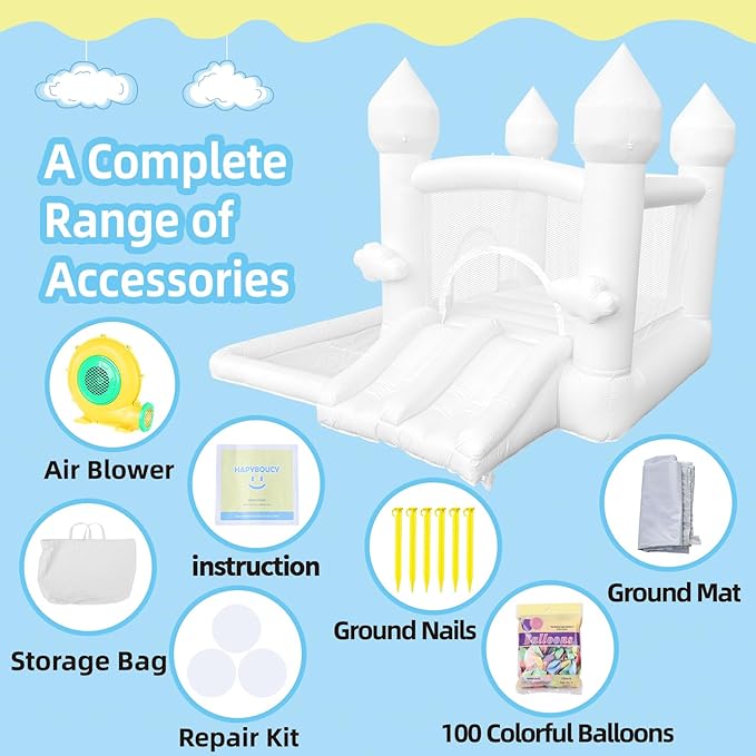 White Bounce House, Bounce House for Kids 3-6 with Double Slides, Bouncy House with Ball Pit Blower Included, Bouncy Castle IndoorOutdoor, 10.5ft L x 9.3ft W x 7.3ft H, Nice Choice for Party