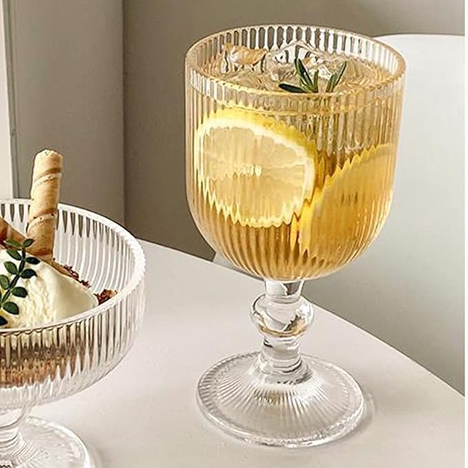 Vintage Glassware Water Goblets Drinking Clear Wine Glasses set of 6 Embossed Drinkware Stemware 13 oz for Wedding Party Bar Christmas