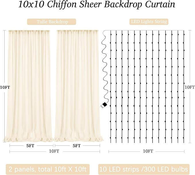 10ft x 10ft Ivory Chiffon Backdrop Curtain with Lights for Parties 2 Panels | Ivory Sheer Curtain Wedding Photo Tulle Backdrop with Fairy Lights for Baby Shower Birthday Ceremony Photo Shoot Home Decor - Image 8