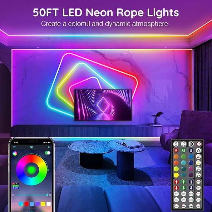 AILBTON 50Ft Neon Rope Lights,Flexible Led Rope Lights Control with App/Remote,Multiple Modes RopeLights,IP65 Outdoor RGB Led Neon Lights NonWater Resistant,Music Sync Gaming Led NeonLight Strip