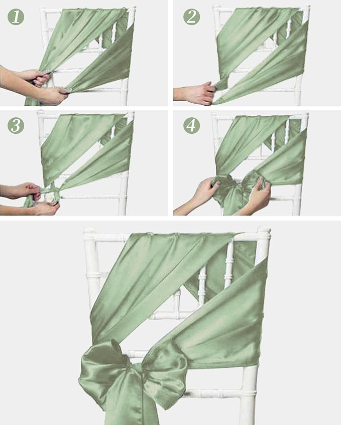 YMHPRIDE 60 PCS Sage Green Satin Chair Sashes,Ties Chair Bows Designed Chair Sashes Chair Cover for Wedding Party Baby Shower Banquet Folding Chairs Decoration(Sage Green,7x108 inch) - Image 8