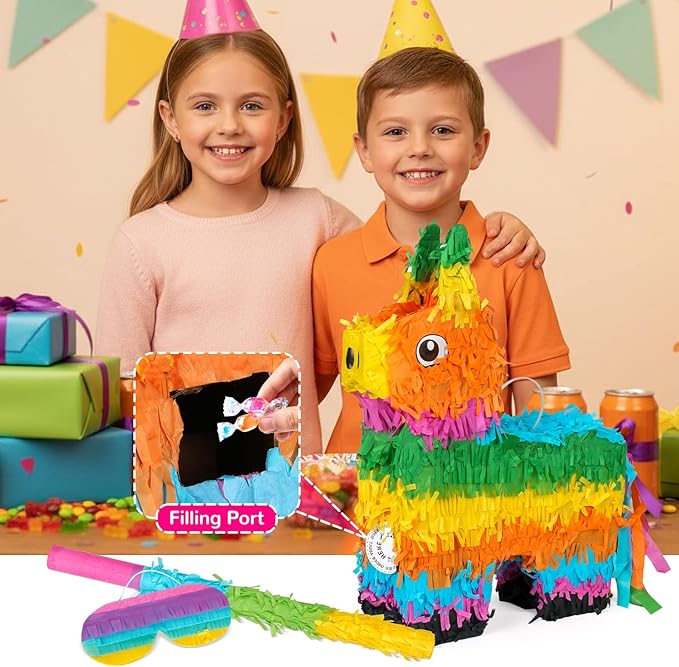 Piñata Set for Kids Party - Full Party Game Kit with Hitting Stick, Blindfold & Confetti Filler, Perfect for Birthday Party Decorations for Boys and Girls - Pop Pop Piñata,Multicolored...