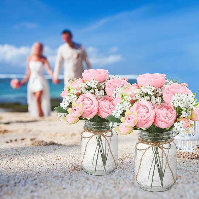 Zeyune 6 Sets Mason Jar Flowers Centerpiece Table Decorations,Light Pink | Faux Flowers with Vase,Artificial Peony Baby's Breath Bouquets,Farmhouse Rustic Decor,Gifts for Home Wedding Holiday - Image 7