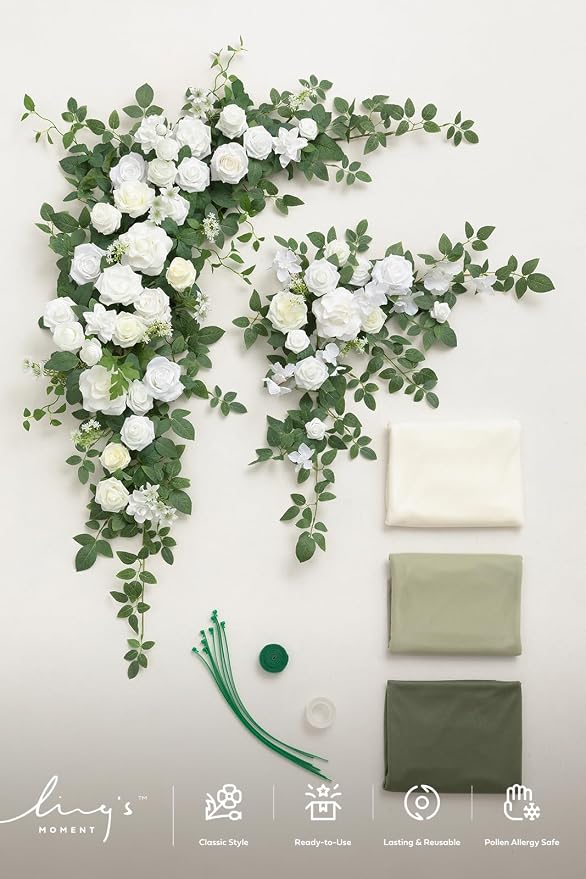 Ling's moment Wedding Arch Flowers with Drapes Kit-Pack of 5, White & Sage | 2pcs Flower Arrangements 3pcs Sheer Hanging Drapes, Ceremony Arbor Backdrop, Artificial Rose Floral Decor - Image 7