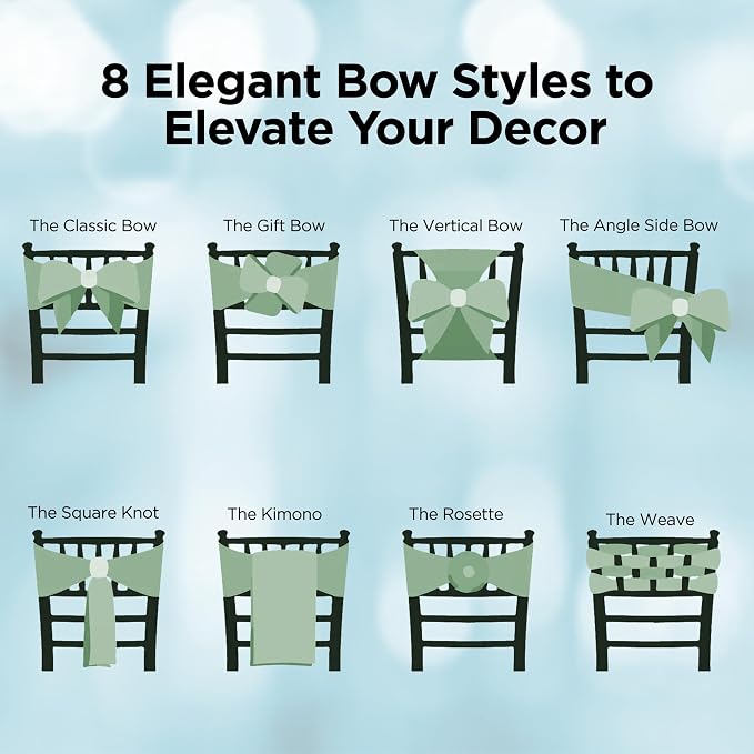 150 pcs Sage Green 108"x8" Satin Bow Sash Chair Cover Decoration | Elegant satin chair bow sashes, perfect for weddings, receptions, banquets, & parties. Reusable & washable. - Image 6