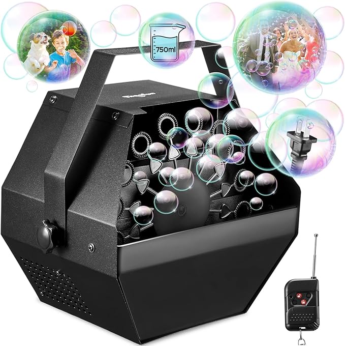 Theefun Bubble Machine: Remote Control 750ML Metal Bubble Blower Machine for 60 Min Usage Time, Plug-in Automatic Bubble Maker for Parties Wedding Birthday Indoor Outdoor, with AC Adapter