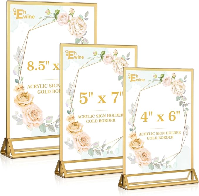 EHWINE 12 Pack Acrylic Sign Holder 8.5 x 11, Double Sided Gold Picture Frame Stand up Table Top Sign Holders, Clear Display Stand Menu Flyer Holder for Wedding Party (Provide Non-slip Mats) - Image 6
