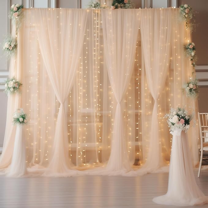 10ft x 10ft Champagne Backdrop Curtain with Lights String for Parties, Sheer Wedding Photo Backdrops Drapes for Baby Shower Birthday Party Decorations Background for Photography - Image 9