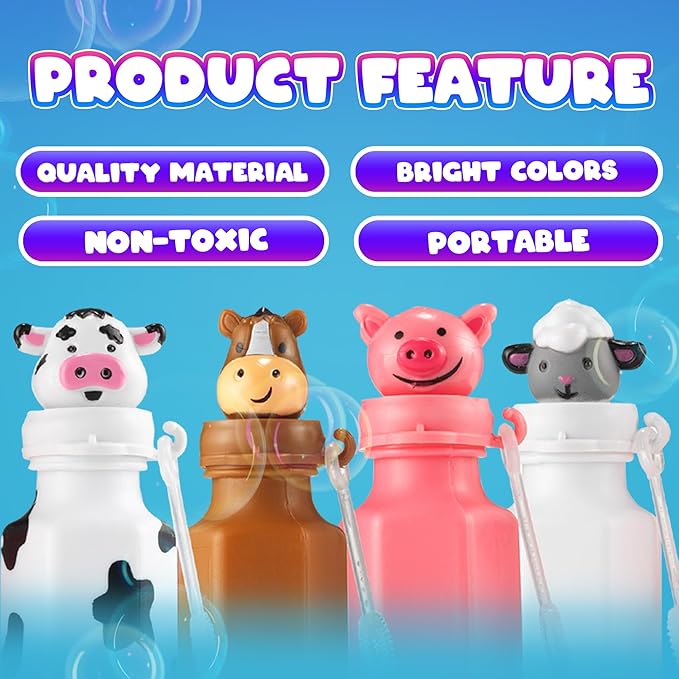 Mini Farm Animal Bubble Wands Toy Gifts for Kids - (Pack of 12) 3-Inch Barnyard Bubble Bottles, Assorted Animals for Giveaways, Prizes, Birthday Party Favors for Kids, Baby Showers, Goody Bag Toys