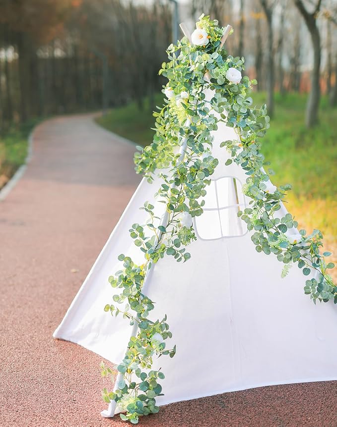 PARTY JOY 6.56ft Eucalyptus Garland with Flowers-8 White Roses, Artificial Fake Flowers Greenery Garland Floral Vines for Decoration Party Wedding Table Indoor Outdoor Backdrop Wall Decor(White) - Image 7