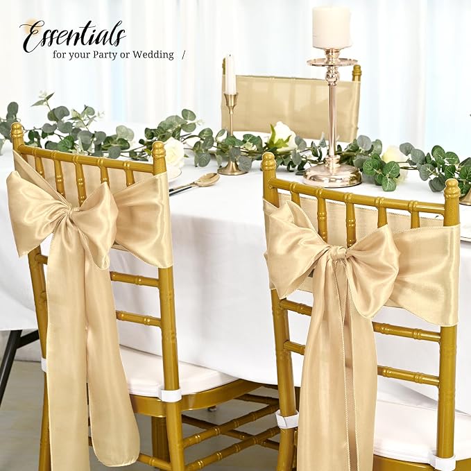 Pesonlook 100Pcs Satin Chair Sashes Ties, Champagne Satin Chair Sashes Bows Chair Cover Back Tie Supplies for Wedding Reception Events Banquets Party, Hotel Event, Chairs Decoration | Satin Chair Sashes Bows Chair Cover Back Tie Supplies for Wedding Re... - Image 8