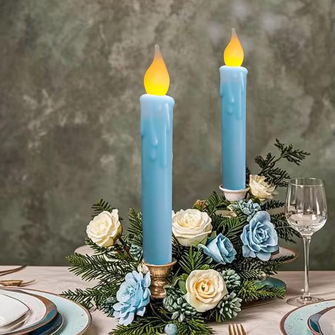 LINCOUNTRY.Primitive Wax Blue Battery Operated Taper Candles Flickering Flameless Taper Candles with Timer,Dripped Led 6.75 inch Candlesticks for Christmas Halloween Home Party Decor,2 pcs