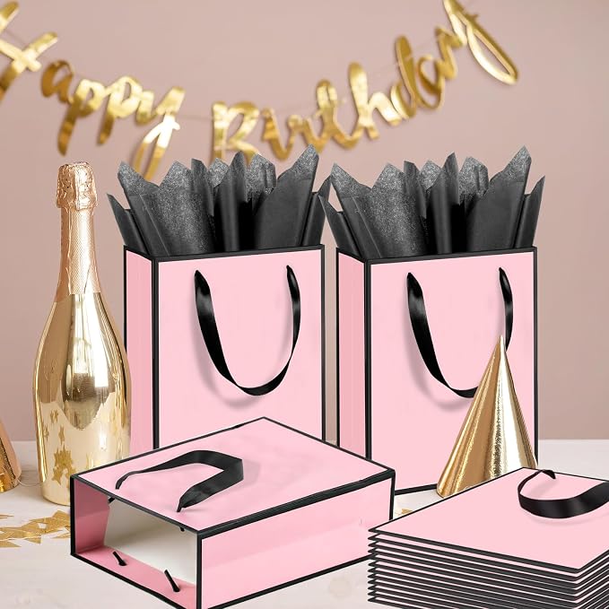 Epoesch 24 Pack Gift Bags with Handles & 24 Tissue Papers – 8x5x10 Inches | Pink with Black Edge for Birthday Parties, Weddings, Baby Showers, Holidays, Christmas, Thank You & Welcome Gifts - Image 7