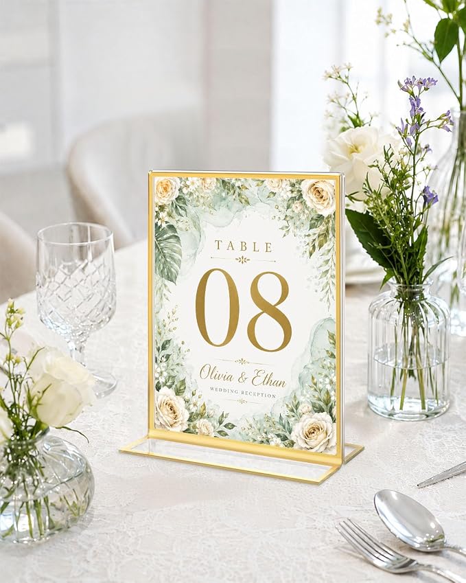 4x6" 24 Pack Acrylic Sign Holders Gold Border with T-Style Base for Menus | WENHUALI Stylish Double-Sided Clear Frame with Vertical Stand, for Menu, Wedding Table Number, Restaurant Sign, Photo Display - Image 6