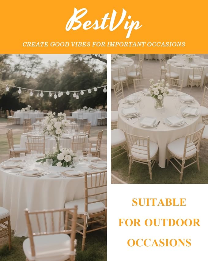 BESTVIP 6 Pack 90" Ivory Round Tablecloths | Fits 36"-66" Tables | Polyester Washable Fabric for Wedding, Party, Banquet, Restaurant - Image 7