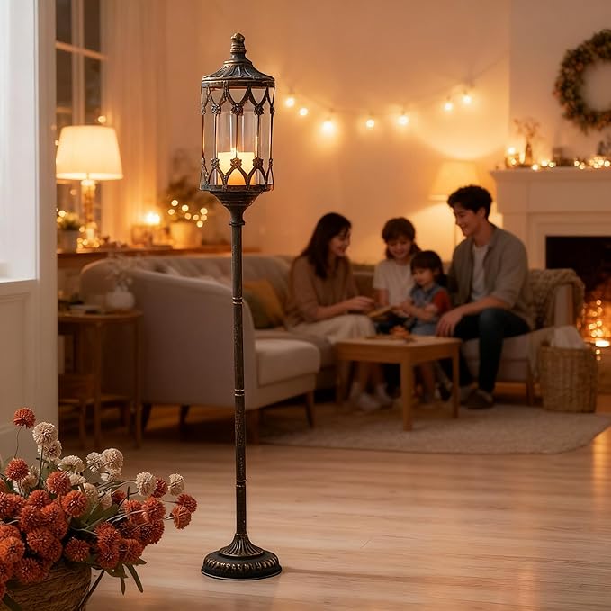 Vintage Floor Candelabra - 41" Tall Antique Gold Candle Holder with Glass Lantern, Rustic Gothic Metal Pillar Stand for Home Decor, Wedding & Event Centerpiece