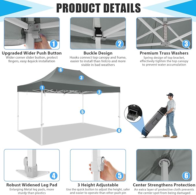 Cobizi Heavy Duty 10x15 Pop Up Canopy Tent Without sidewall, Easy Up Canopy Outdoor for Backyard Party Wedding, Instant Commercial Tent with Roller Bag, Waterproof UV 50+ (Upgraded Legs), Gray