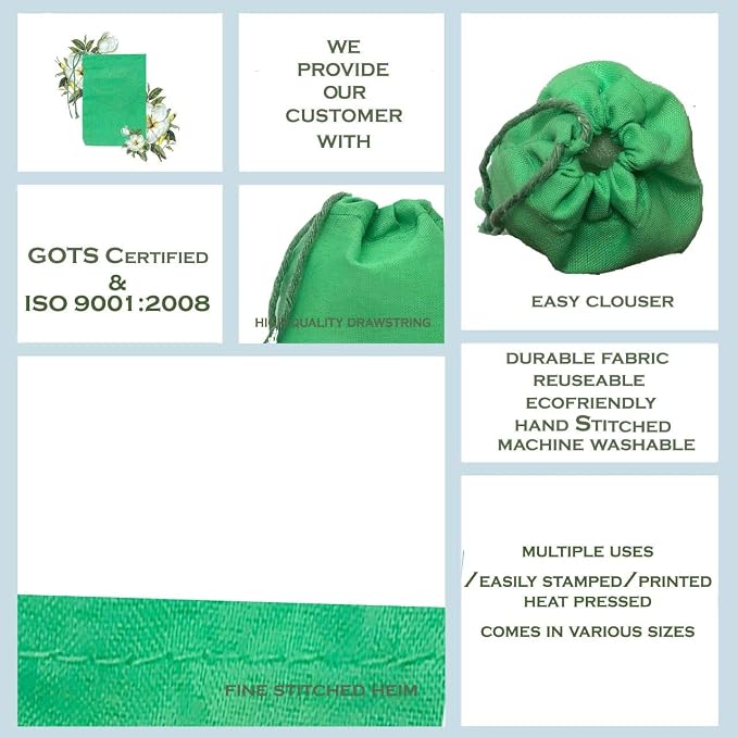 Green Cotton Christmas Drawstring Bags 145 GSM, (3x5 in 200 pcs) Kitchen & Grocery and herb Storage, Eco-Friendly, green gift bags Small Christmas Gift Bags, Christmas Treat Bags - Image 6