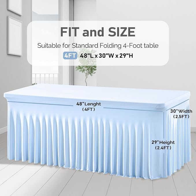 1 Pack Baby Blue Table Clothes for 4 Foot Rectangle Tables, One-Piece Wrinkle Resistant Stretch Spandex Table Covers with Skirt for Event Banquet Wedding Birthday Party - Image 7