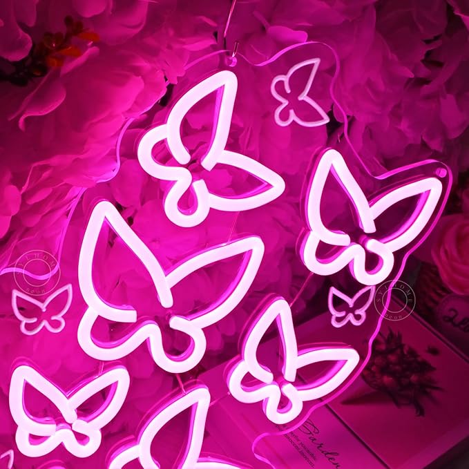 SYLHOME Pink Butterfly Led Neon Light Sign Bedroom Girls Room Kids Room Wall Sign Decor Cute Beauty Salon Birthday Christmas Party Decoration 15.75" X 10.1" USB