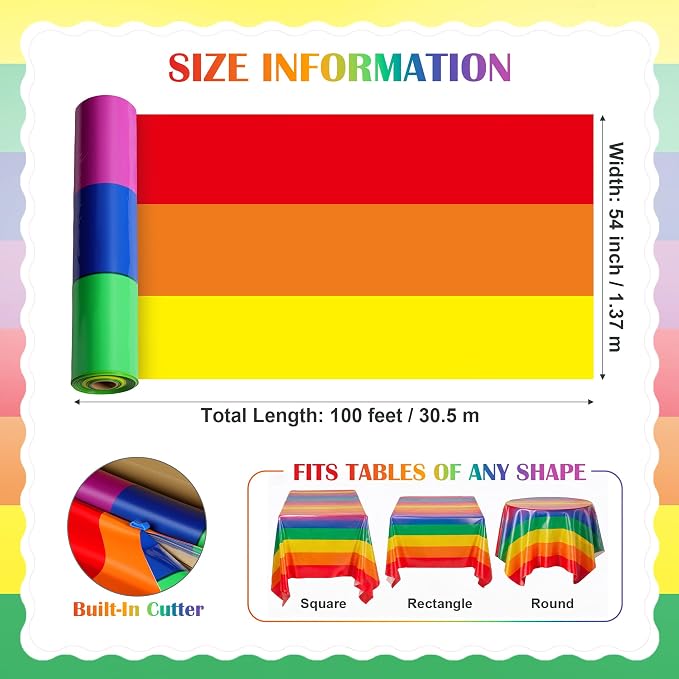 100FT x 54IN Rainbow Plastic Tablecloth Roll with Slide Cutter Box | Heavy Duty Disposable 6-Color Gay Pride Table Cover Wall Backdrop, Cut-to-size for Pride Month and Inclusive Celebrations - Image 7