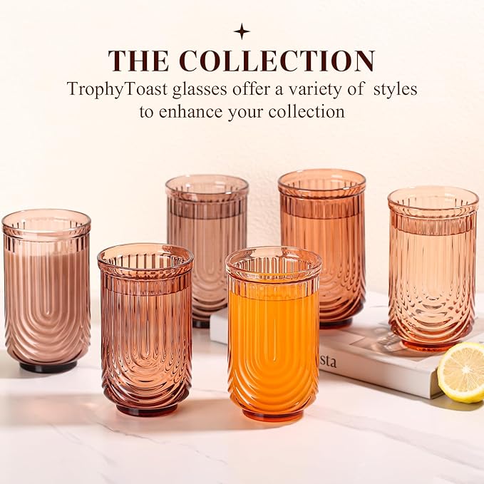 Venus Vintage Drinking Glasses Set of 6-17oz Hand-Blown Highball Ribbed Glassware, Arch Design Cocktail Glasses for Whiskey Water Beverages Ice Coffee Juice Milk