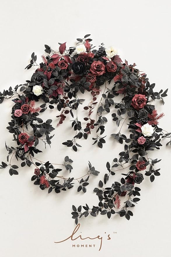 Ling's moment Black Artificial Flower Garland Wedding Arch 9 FT | Burgundy Rose & Eucalyptus, Greenery, Sweetheart Table Decor, Floral Garland for Mantle, Centerpieces, Backdrop - Image 5