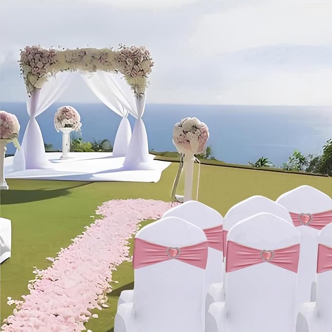 Dusty Pink Chair Sashes 25 Pack Spandex Pink Sashes for Chairs Covers Universal Stretch Chair Sashes Band with Heart Buckle Slider for Wedding Banquet Party Decorations - Image 7