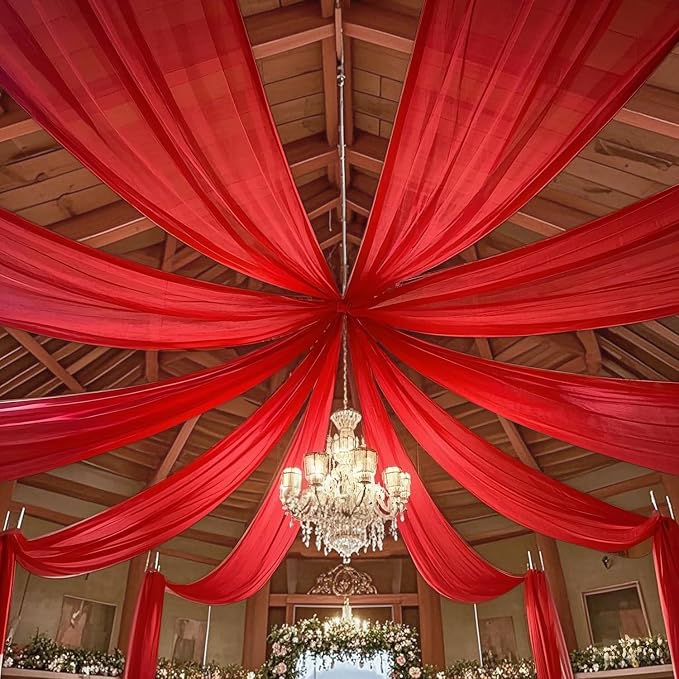 MODFUNS 4 Panels Red Ceiling Drapes 5FTx20FT Chiffon Fabric Draping Fabric Sheer Wedding Ceiling Drapery Chiffon Curtains for Backdrop Swag Drape Curtains for Wedding Arches Anniversary Tent Draping - Image 7
