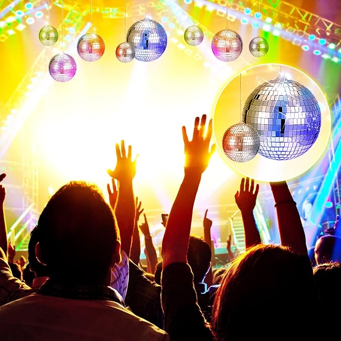WILLBOND 12 Pack Disco Ball Mirror Ball with Hanging Ring for Fun Retro Disco Party Decorations Party Dj Lighting Effect Stage Props Game Accessories, 5.91", 3.94", 3.15", 2.36"(Silver)