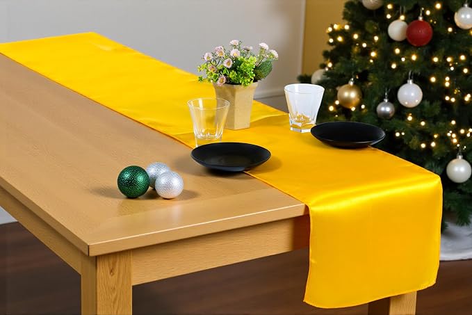 100 PCS Satin Table Runners 12 x 108 Inch Charmeuse Sateen Silk Table Runner for Indoor Outdoor Wedding Reception Birthday Graduation Party Event Banquet Dining Table Decoration - Yellow Gold - Image 7